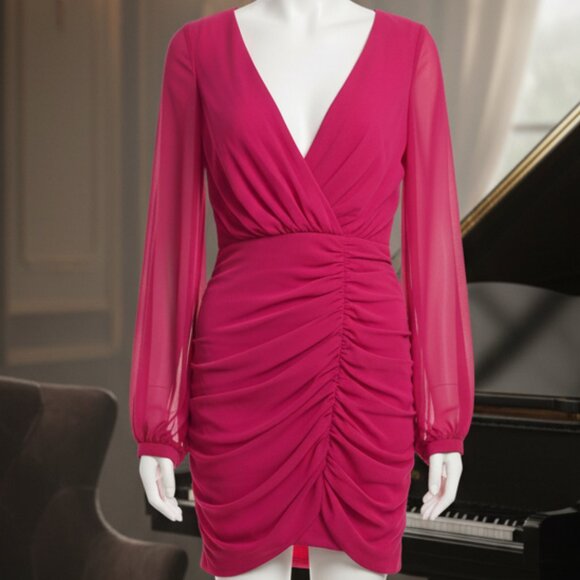 Mac Duggal Ruched Long Sleeve Chiffon Cocktail Minidress - Hot Pink - Picture 3 of 13